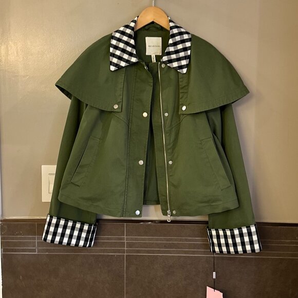 Avec Les Filles Cotton-Blend Gingham Trim Cape Jacket (Olive Green) - Picture 8 of 16